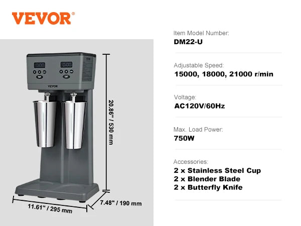 VEVOR Milk shake 375W x 2 Maker Electric Milkshake Machine Commercial Double Heads Drink Mixer Blender