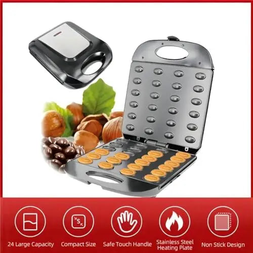 Electric Walnut Cookie Maker - 24 Hole Mold, Mini Nut Waffle & Sandwich Baker, Non-Stick Toaster Pan for Breakfast