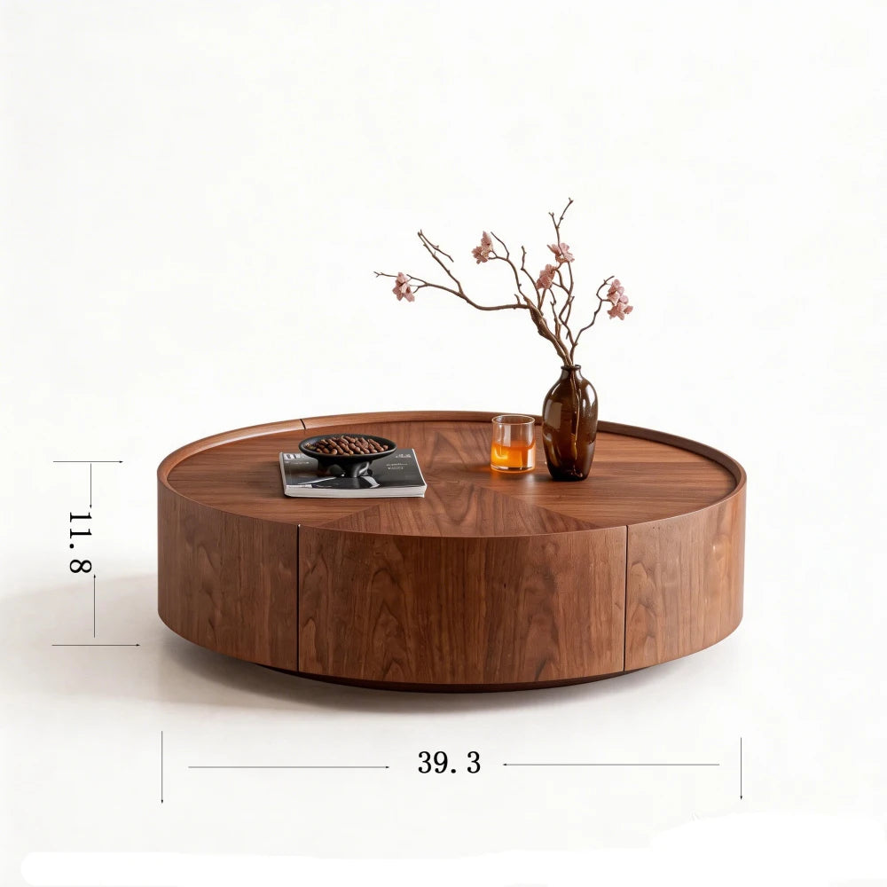 Vintage Round Walnut Wooden Coffee Table, Modern Center Table for Living Room & Office, High-end Tea Table Home Furniture FYCT