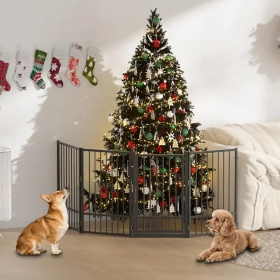 Full Metal Freestanding Dog Gate with Door 32''Height Foldable Pet Dog Fence for Indoor and Outdoor 4 Panels Extra Wide Free St