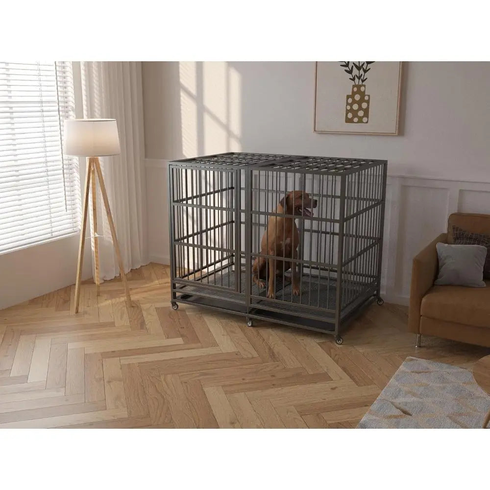 Extra Large Heavy-Duty Dog Crate with Wheels, Indestructible Steel Kennel for Indoor or High Anxiety Dogs, Sturdy Locks, Double