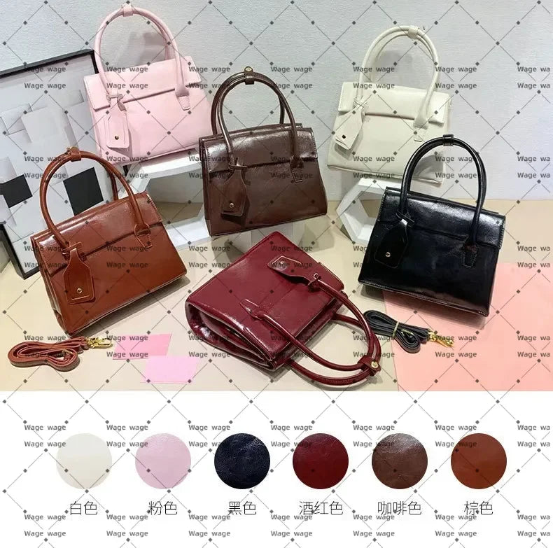 2026 New Designer bag Autumn Winter Distressed Oil Wax Leather Briefcase, Elegant Top-Handle Shoulder Bag, Timeless Sophisticate