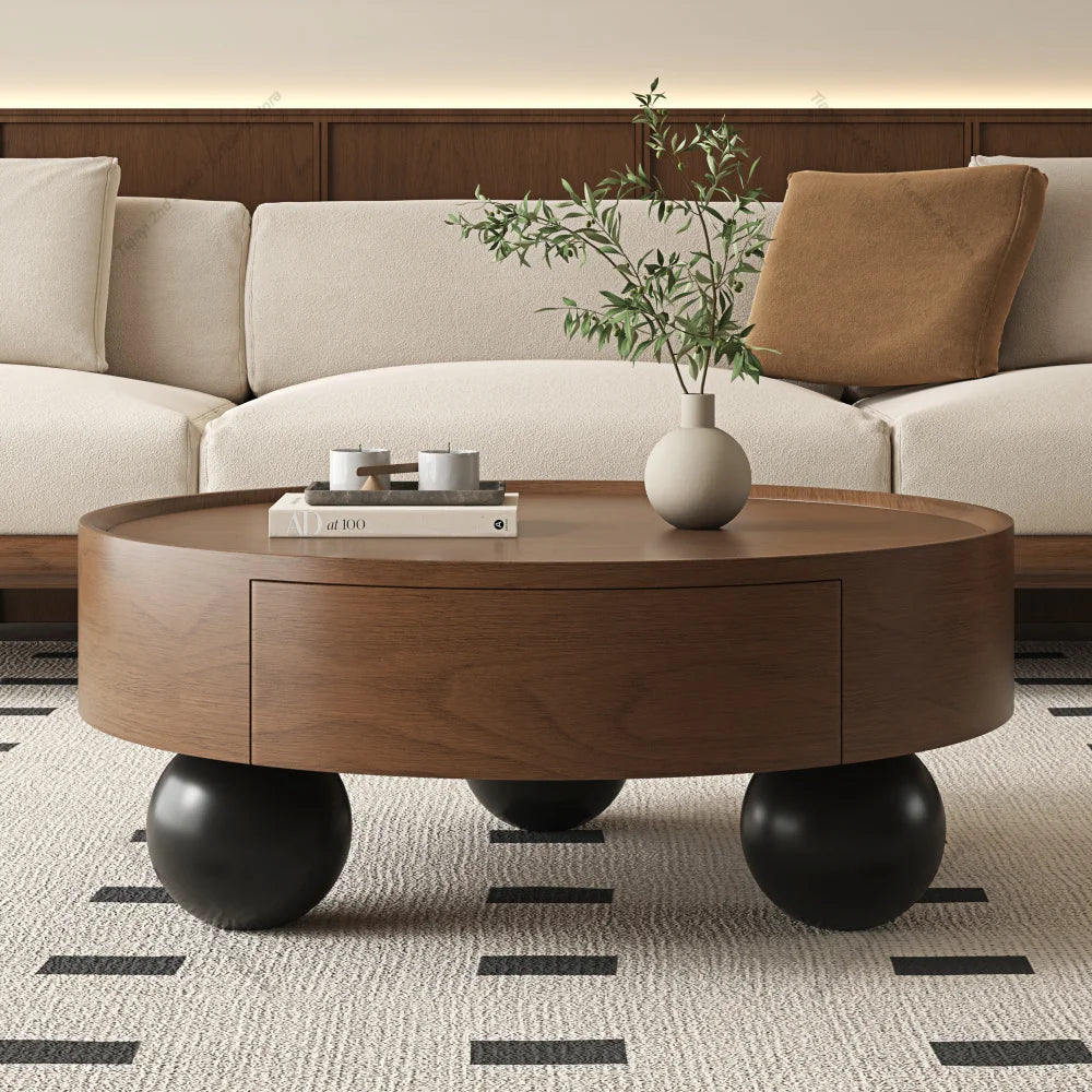 Round Walnut Coffee Table with Storage Drawer and Black Ball Feet, Mid-Century Modern Wooden Cocktail Table for Living Room FYCT
