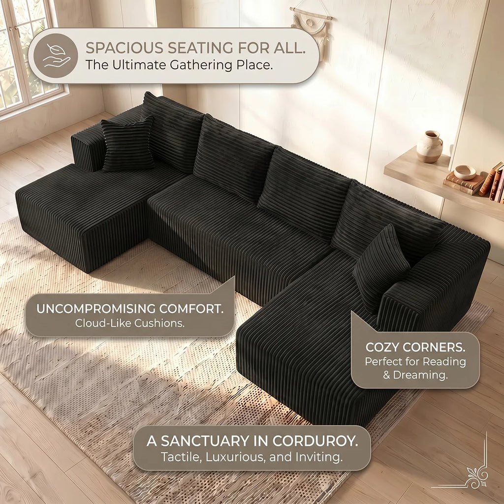 128" Boneless Modular Sectional Cloud Sofa, U-Shaped Double Chaise, Deep Seat, with 8 Free Throw Pillows for Living Room
