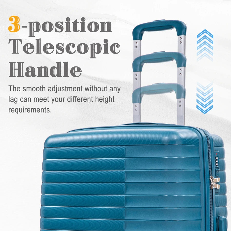 Carry on suitcase set for travel: PP spinner wheel luggage in blue, 14/20/24/28, iron pull rod, combination password lock, incl