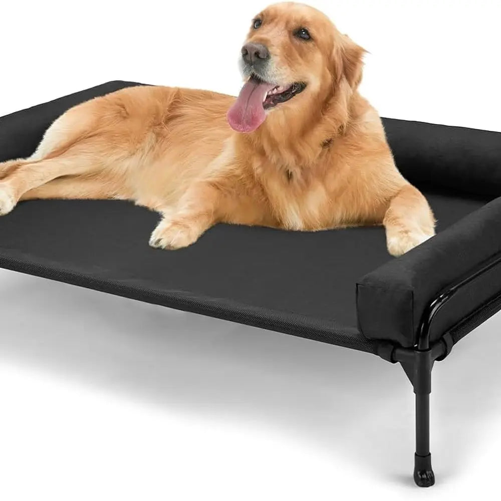 Veehoo Elevated Raised Dog Bed-Cooling Outdoor Dog Cot Bed for Large Sized Dogs Three-Sided Fence Raised Pet Cot with Mesh & No-