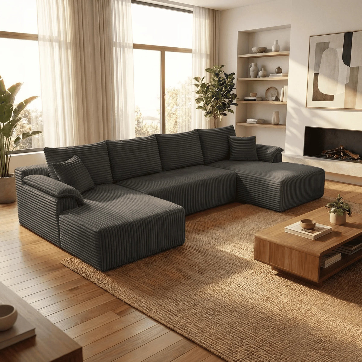 128" Boneless Modular Sectional Cloud Sofa, U-Shaped Double Chaise, Deep Seat, with 8 Free Throw Pillows for Living Room