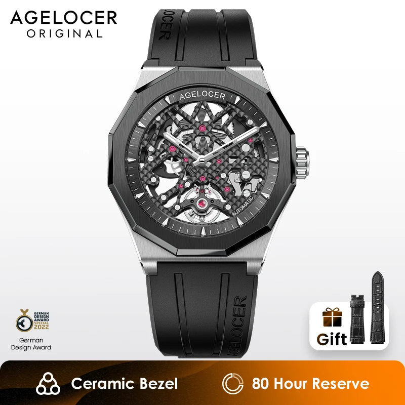 AGELOCER Original Schwarzwald Watch Ceramic Bezel Men Sports Skeleton Luminous Automatic Mechanical Watch Birthday Gift for Men