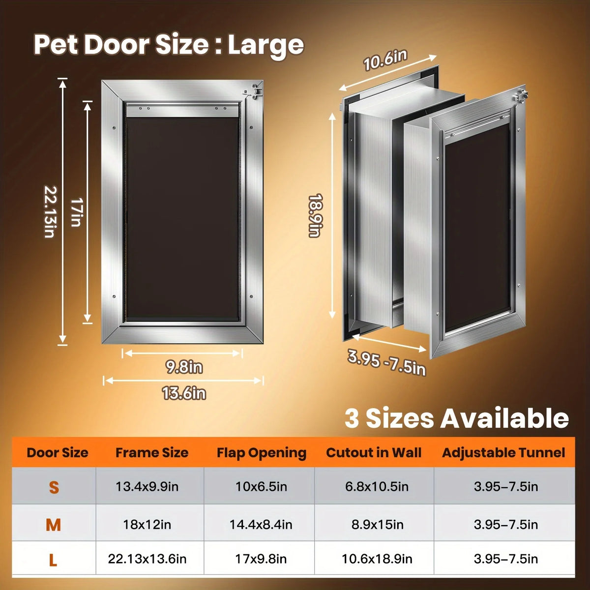 Heavy-Duty All-Aluminum Dog Door for Wall Suitable for Pets Up to 110 Lbs, Magnetic Sliding Lock Panel & Telescoping Tunnel, Double Magnetic Flaps Energy-Efficient Pet Door with Lockable Panel for /Outdoor Use (No Installatio