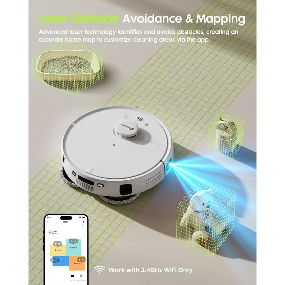 Self-Emptying Robot Vacuum Mop with 8500Pa Suction, Laser Nav, Pet Hair Removal, Ideal for Hard Floors, Tiles, and Carpets