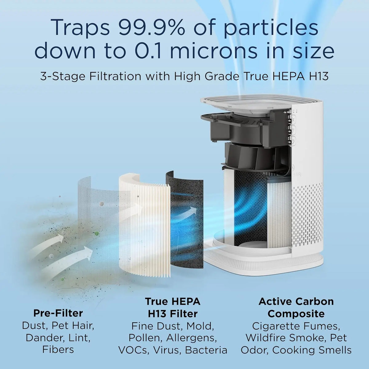Air Purifier with HEPA H13 Filter, Covers 470 sq ft per Hour for Smoke, Odors, Pollen, Pets - Black