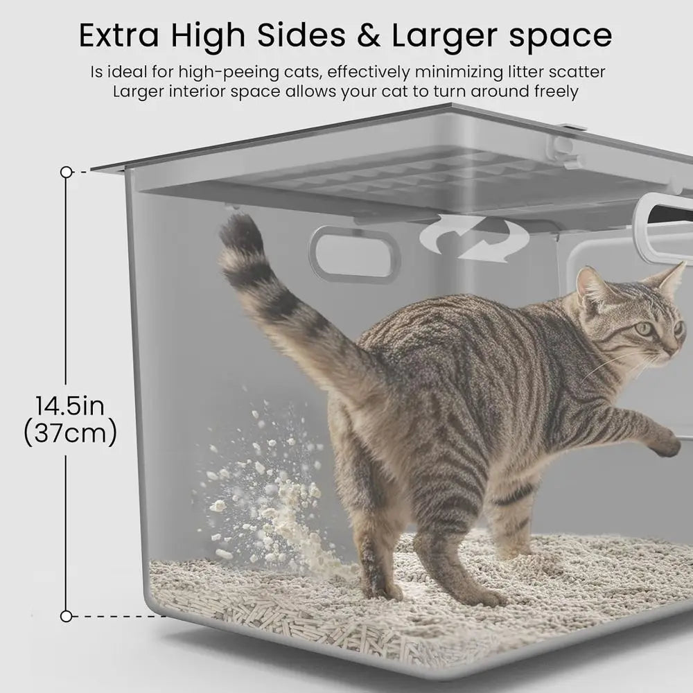StainlSteel Litter Box with Lid, Cat Litter Box with Door 14.5'' High Sides, XL Metal Kitty Litter Pan, Pet Toilet with Wheels o