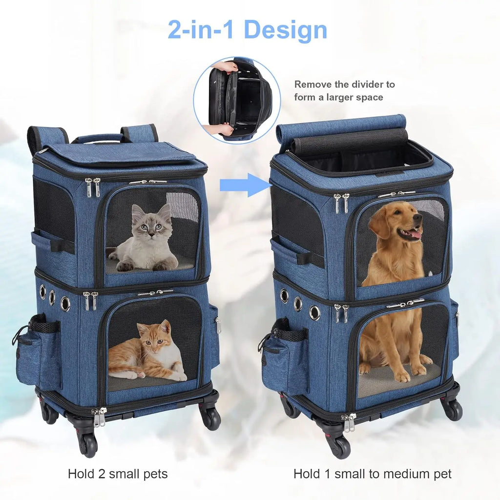 Double-Compartment Pet Carrier Backpack with Wheels for Small Cats and Dogs, Perfect for Traveling and Vet Visits, Blue