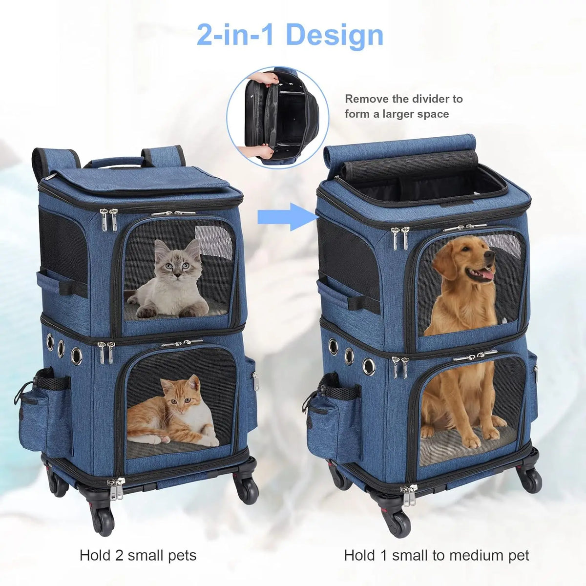 Double-Compartment Pet Carrier Backpack with Wheels for Small Cats and Dogs, Perfect for Traveling and Vet Visits, Blue