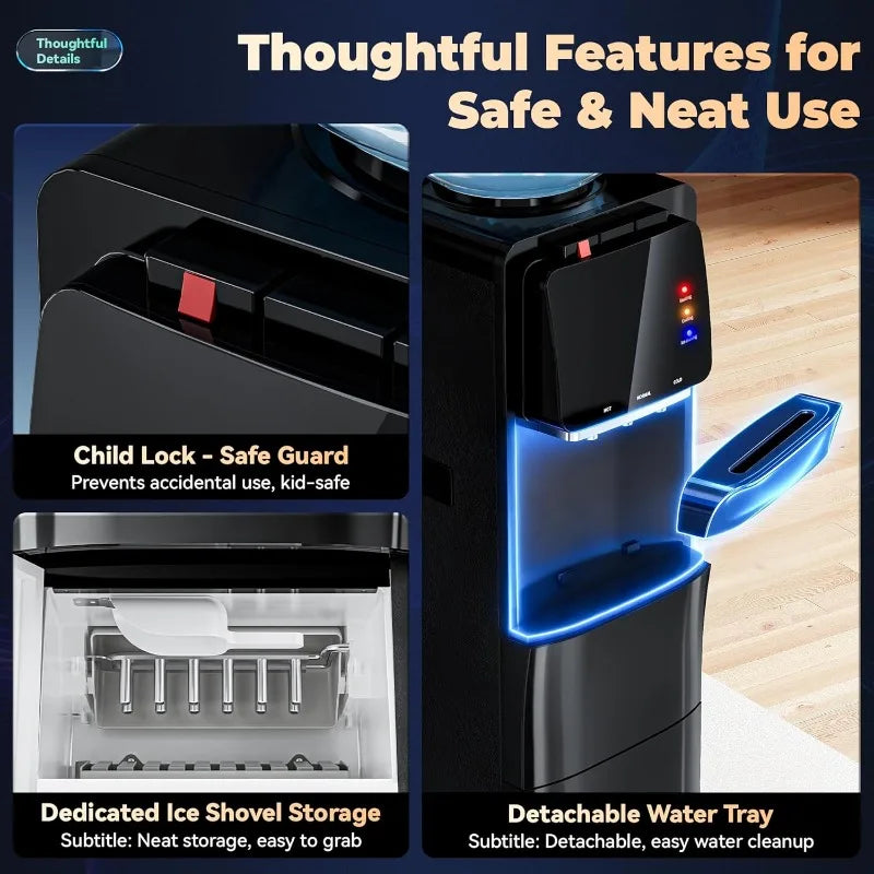 Tehanld Water Dispenser with Ice Maker,4-in-1 Top Loading Water Cooler with Hot,Cold & Room Temp Water,35lbs/Day Fast Ice Making