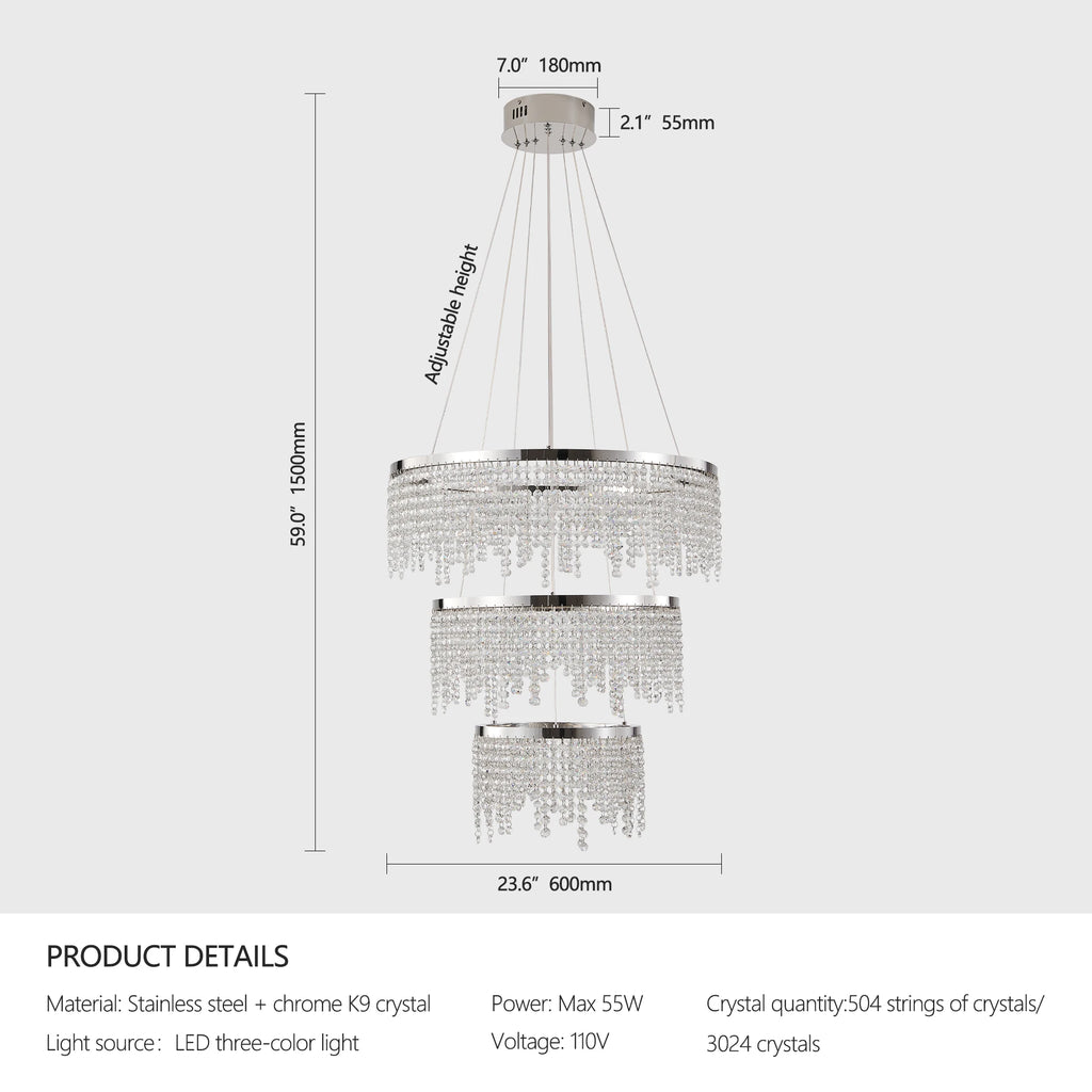23.6-inch Crystal Chandelier, Dimmable Led Ceiling Lamp, Adjustable Color Temperature 3000K/4000K/6000K, Height Adjustable, Luxury Round Chandelier, Suitable for Living Room, Dining Room, Bedroom