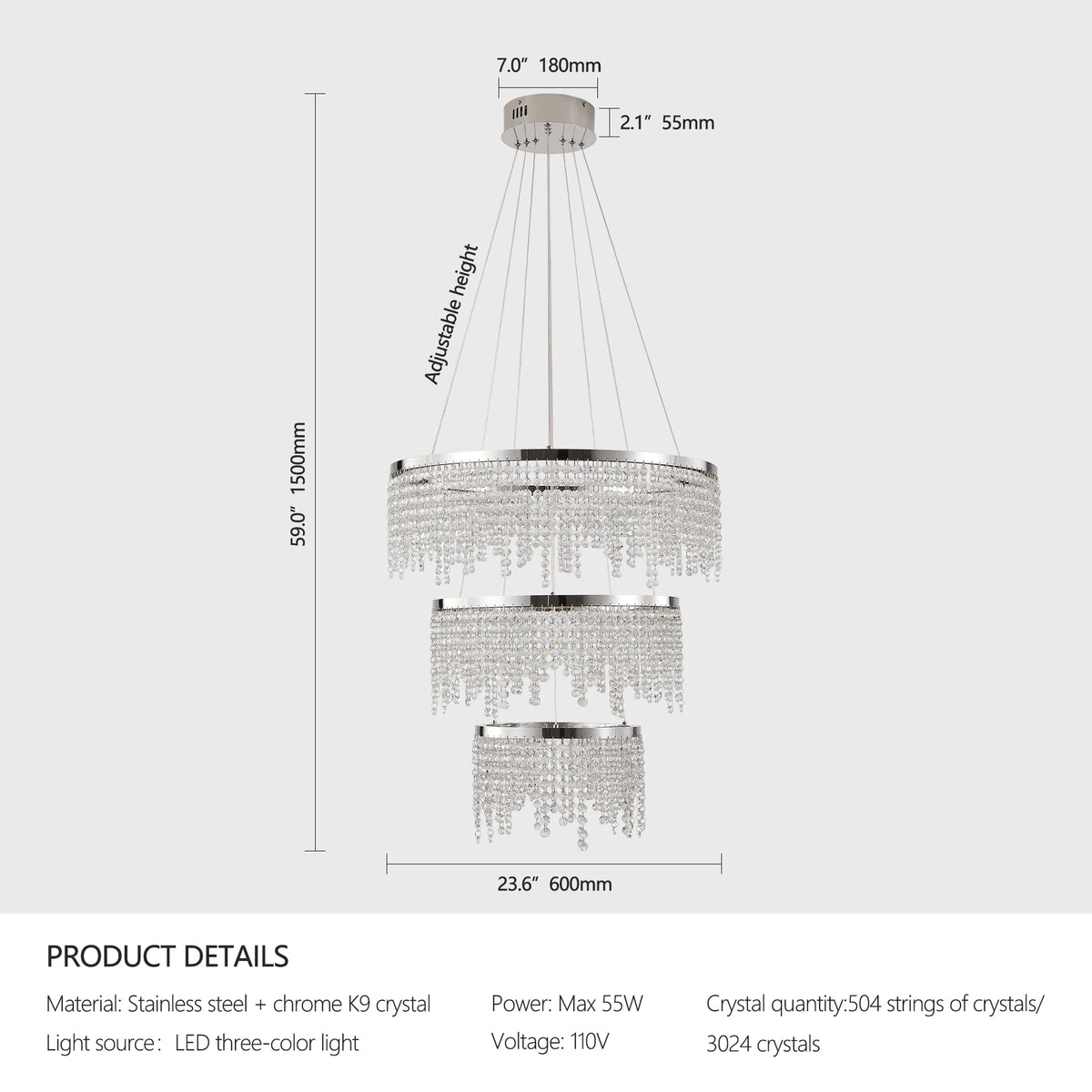 23.6-inch Crystal Chandelier, Dimmable Led Ceiling Lamp, Adjustable Color Temperature 3000K/4000K/6000K, Height Adjustable, Luxury Round Chandelier, Suitable for Living Room, Dining Room, Bedroom