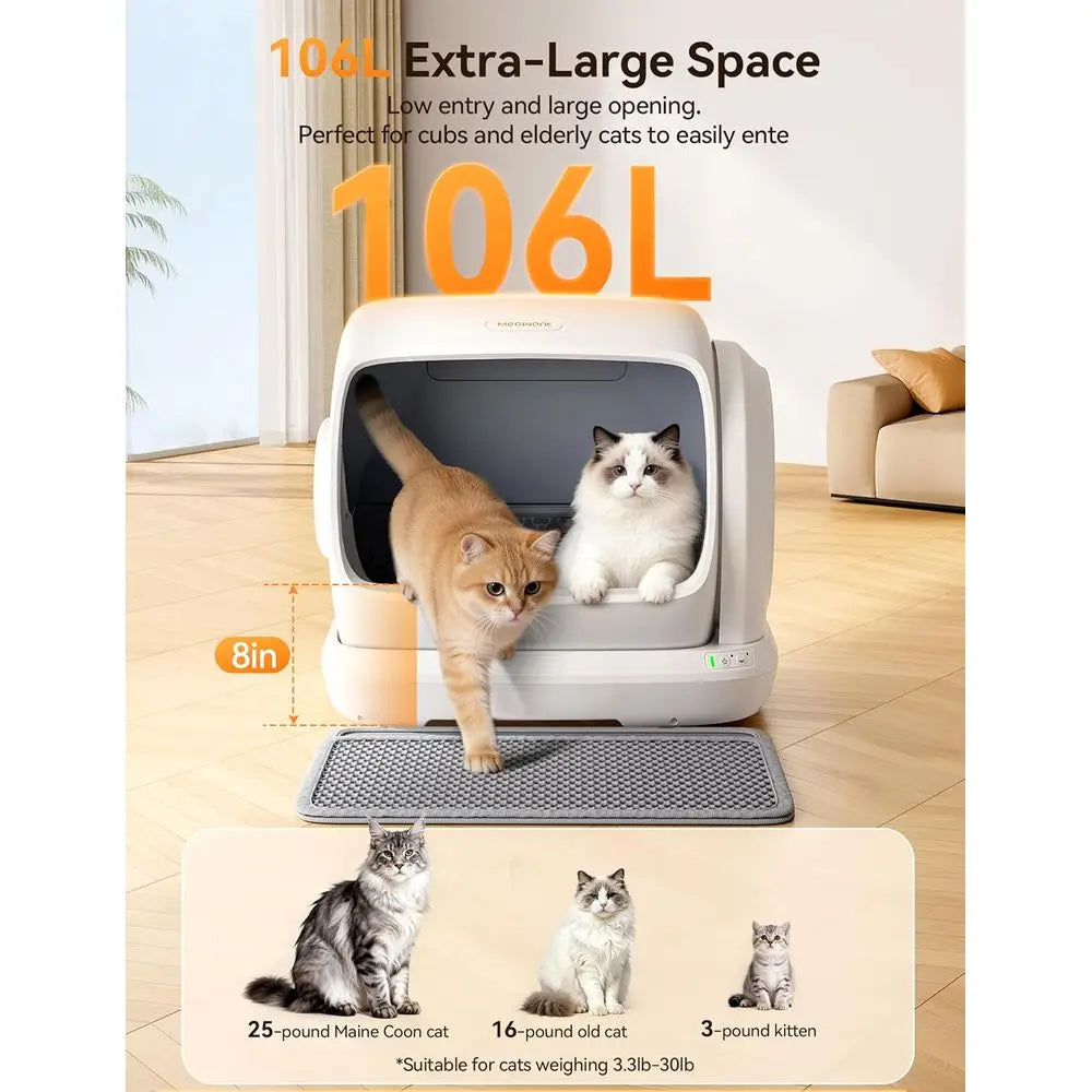 Sel-Cleaning Cat Litter Box, 106L Extra-Large Space Low Entrance Automatic Cat Litter Box Perect or Multiple Cats, Saety Sensor,