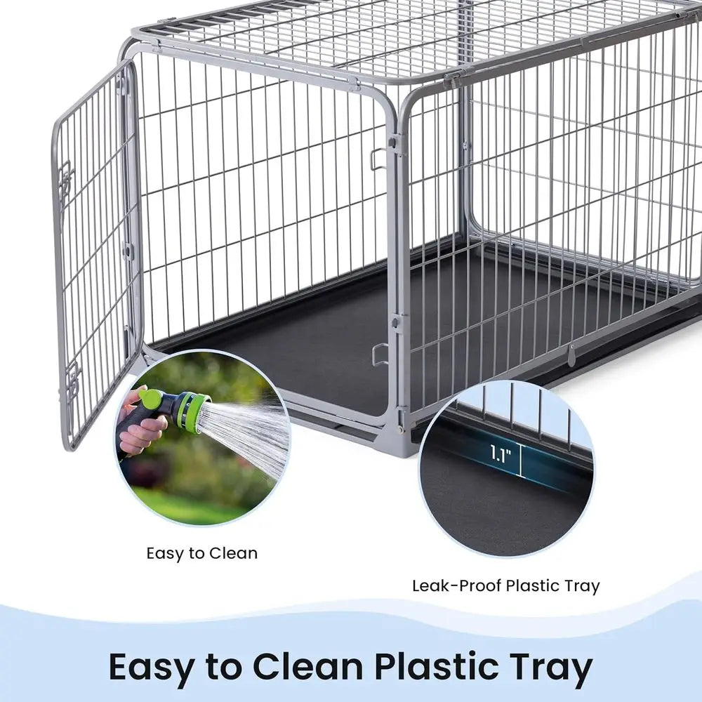 36 Inch Metal Dog Crate with Double Door, Foldable, Removable Tray, Suitable for Medium Dogs, Indoor/Outdoor, Silver Gray