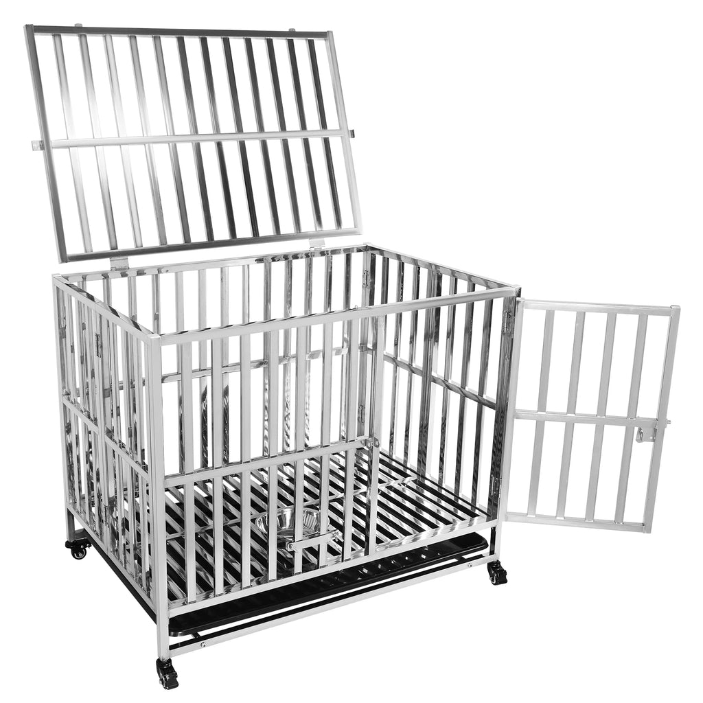 37in Steel Tube Foldable Dog Cage Crate with Four Wheels Strong Metal Pet Kennel Cage Double Doors with Roof Removable Tray