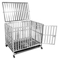 37in Steel Tube Foldable Dog Cage Crate with Four Wheels Strong Metal Pet Kennel Cage Double Doors with Roof Removable Tray